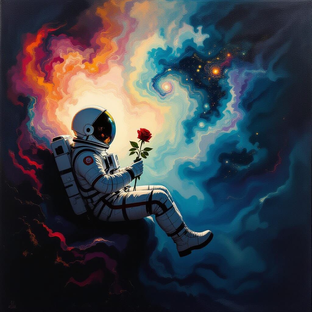 Astronaut Adrift in Cosmic Sea with Wilting Rose