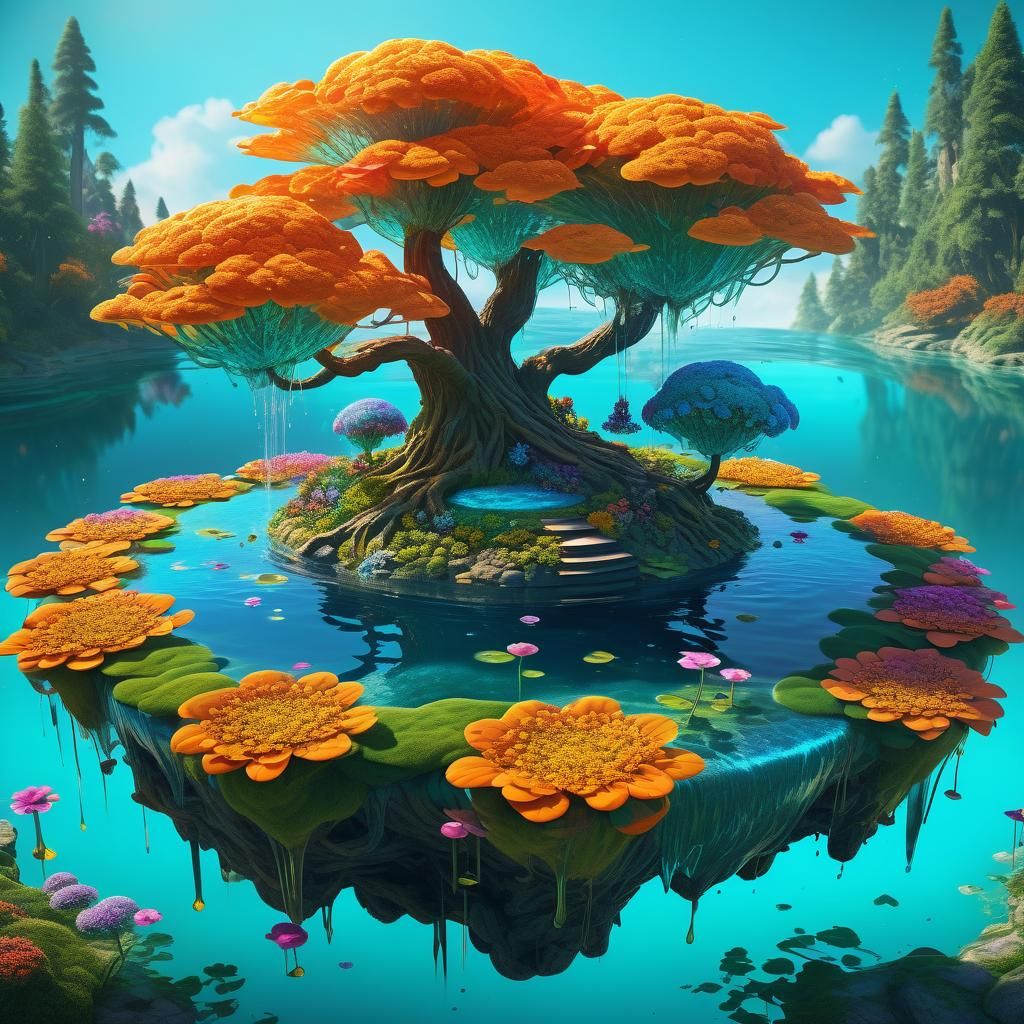 Floating Island of Water Flowers: Surreal CGI Art