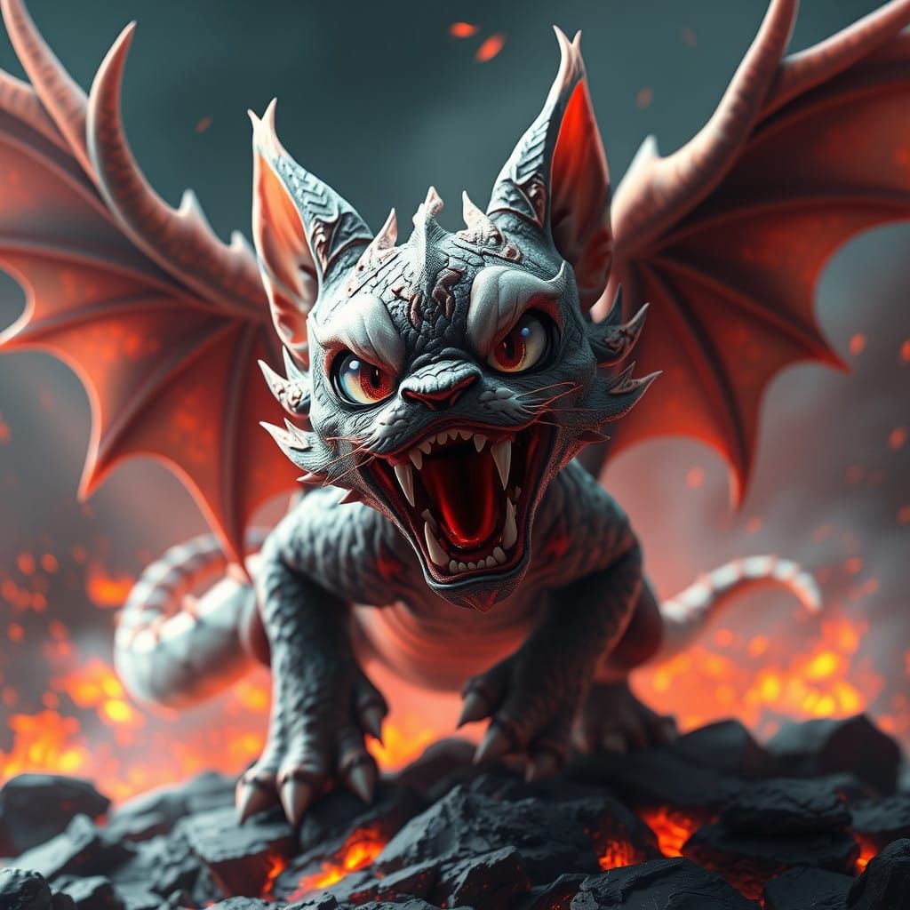 Cyberpunk Cat Dragon Unleashes Black Fire in Lava Landscape