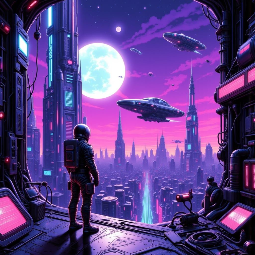 Retro-Futuristic Cityscape at Twilight with Astronaut