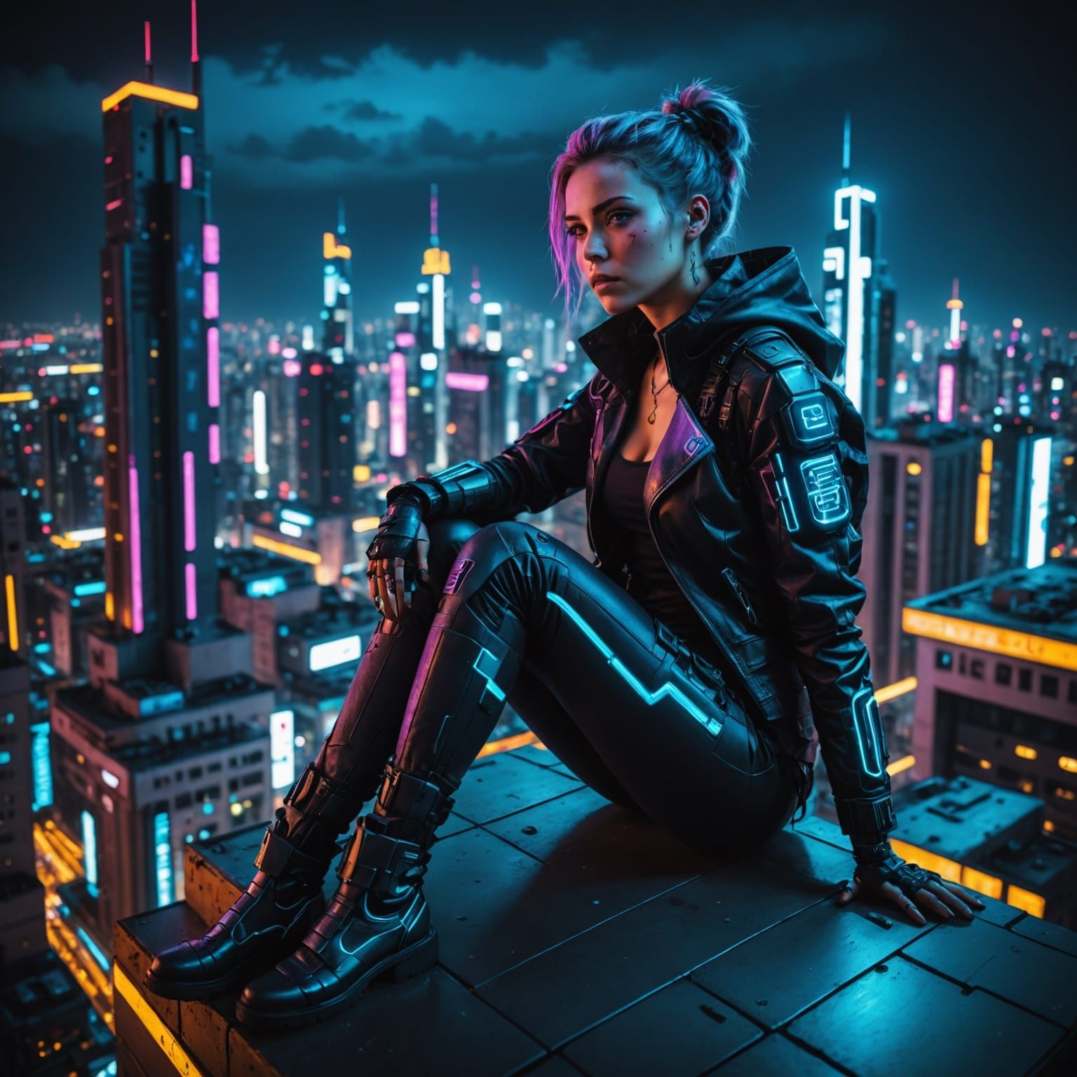 Cyberpunk Girl Surveys the City from a Rooftop Vantage