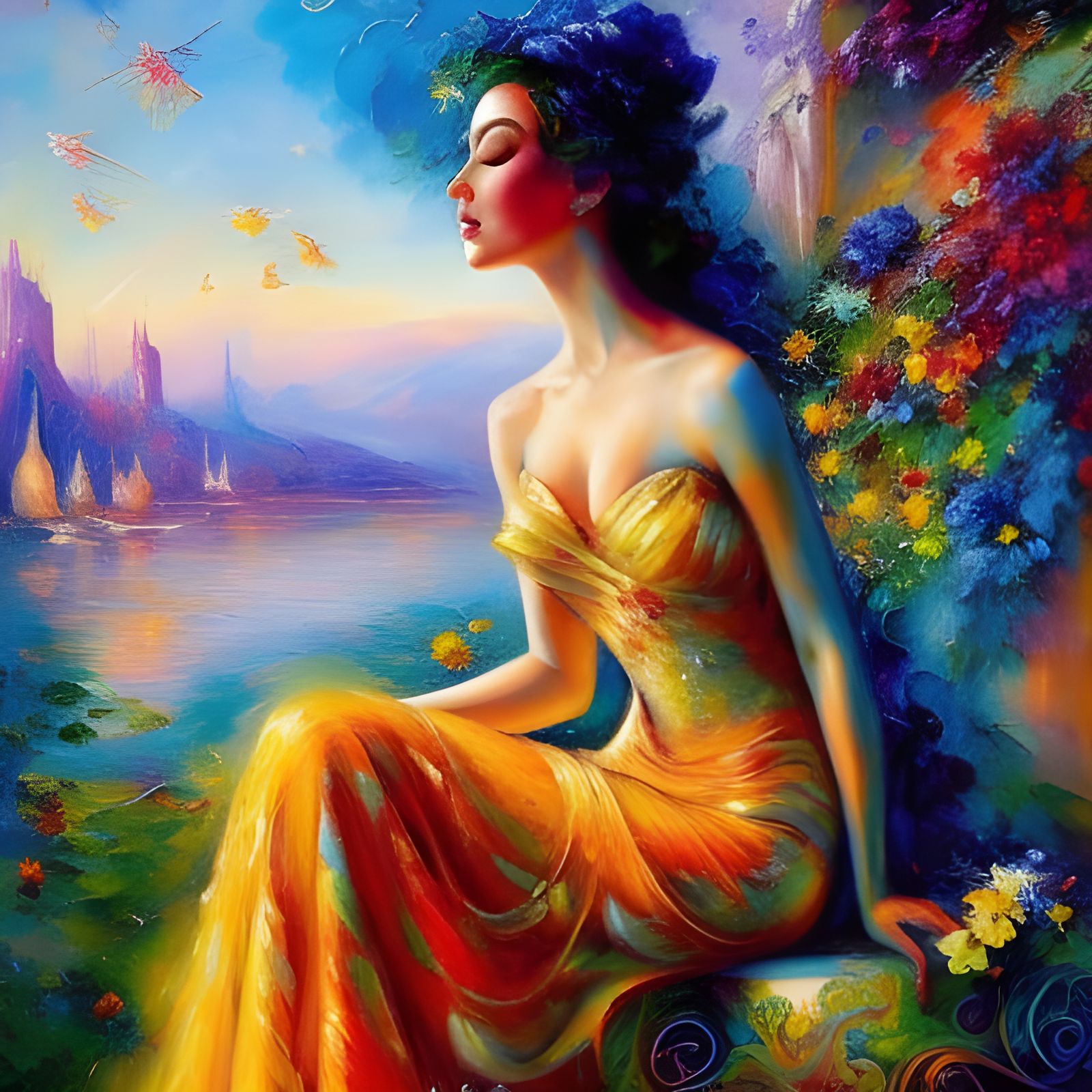 Beautiful Woman by Pool in Art Nouveau Style