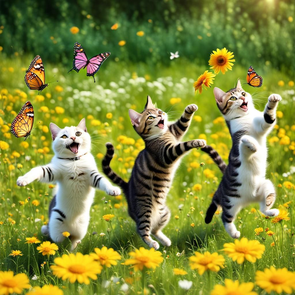 Happy Cats Dancing with Butterflies in Sunny Garden