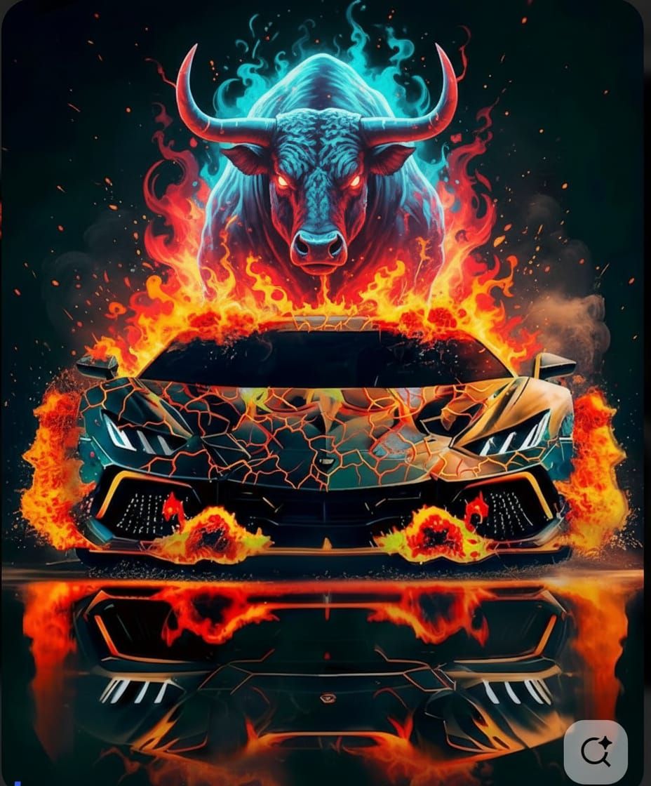 Fiery Lamborghini with Spectral Bull in Digital Art