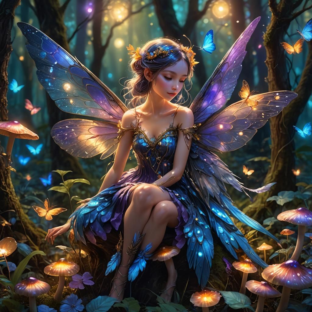 Night Fairy and Blue Bird in Enchanted Forest