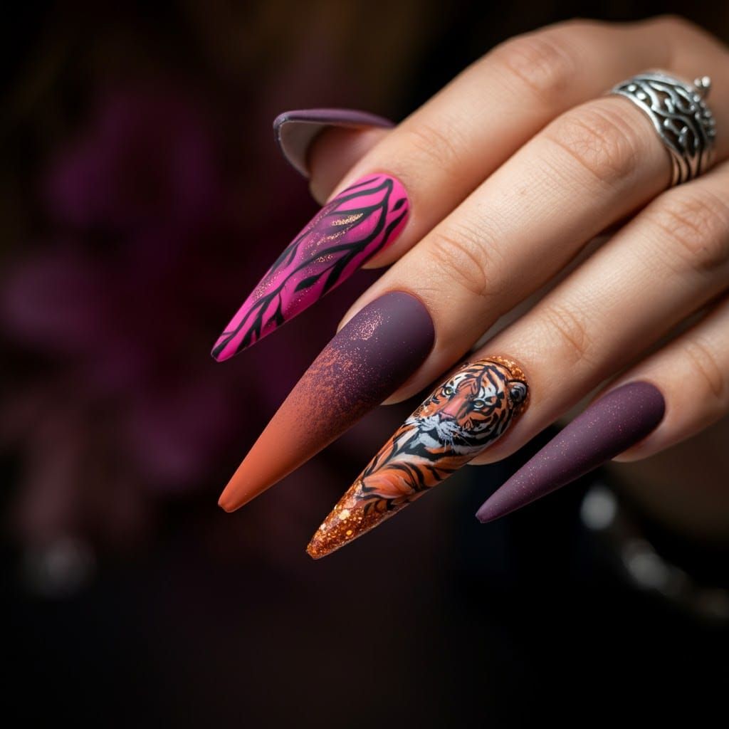 Tiger Floral Fusion Nail Art in Bold Colors