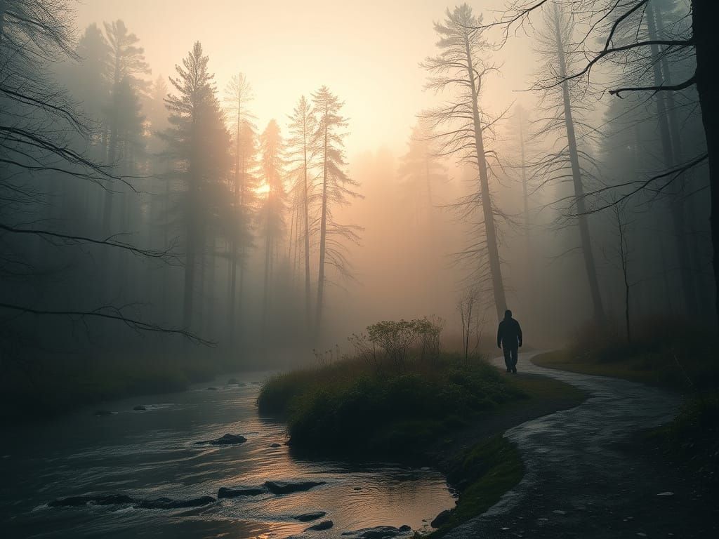 Solitary Figure in Primeval Forest at Magic Hour