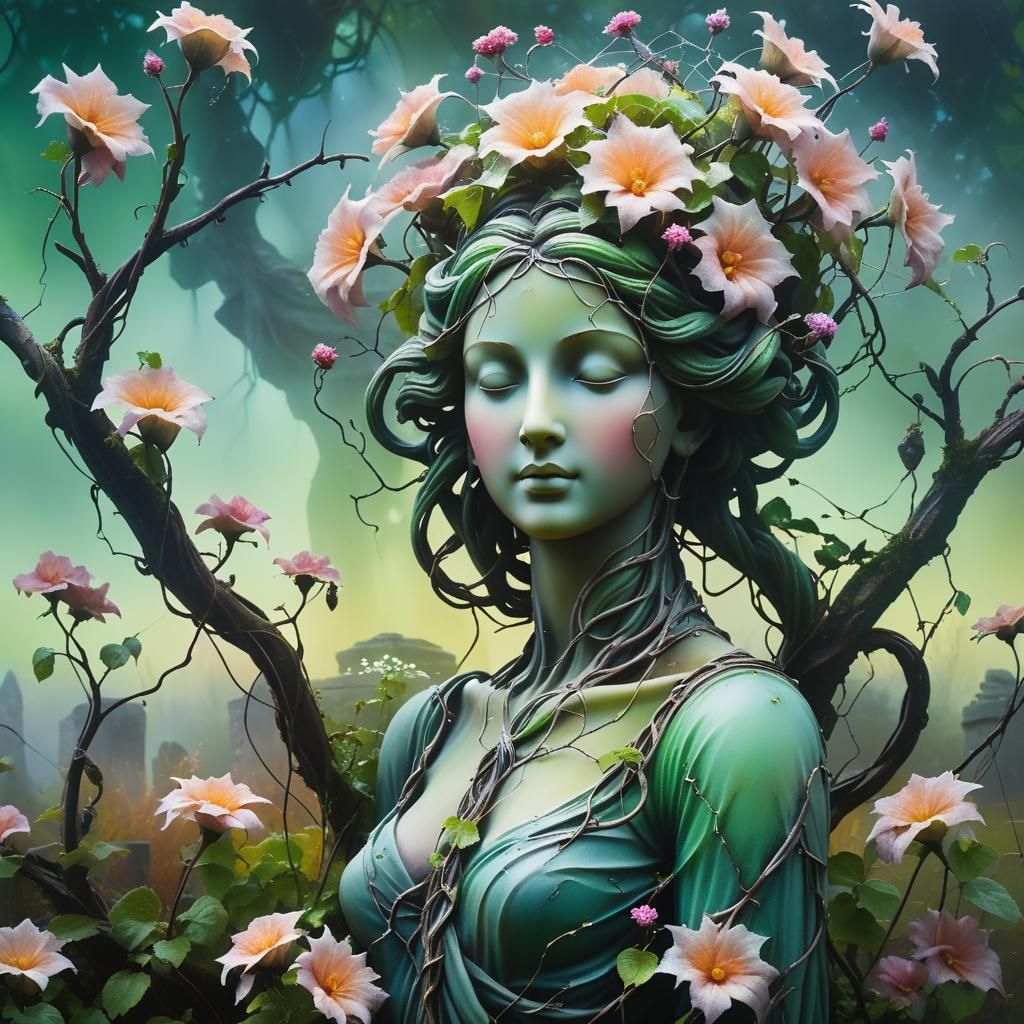 Misty Garden Statue Wrapped in Vines: Surreal Oil Painting