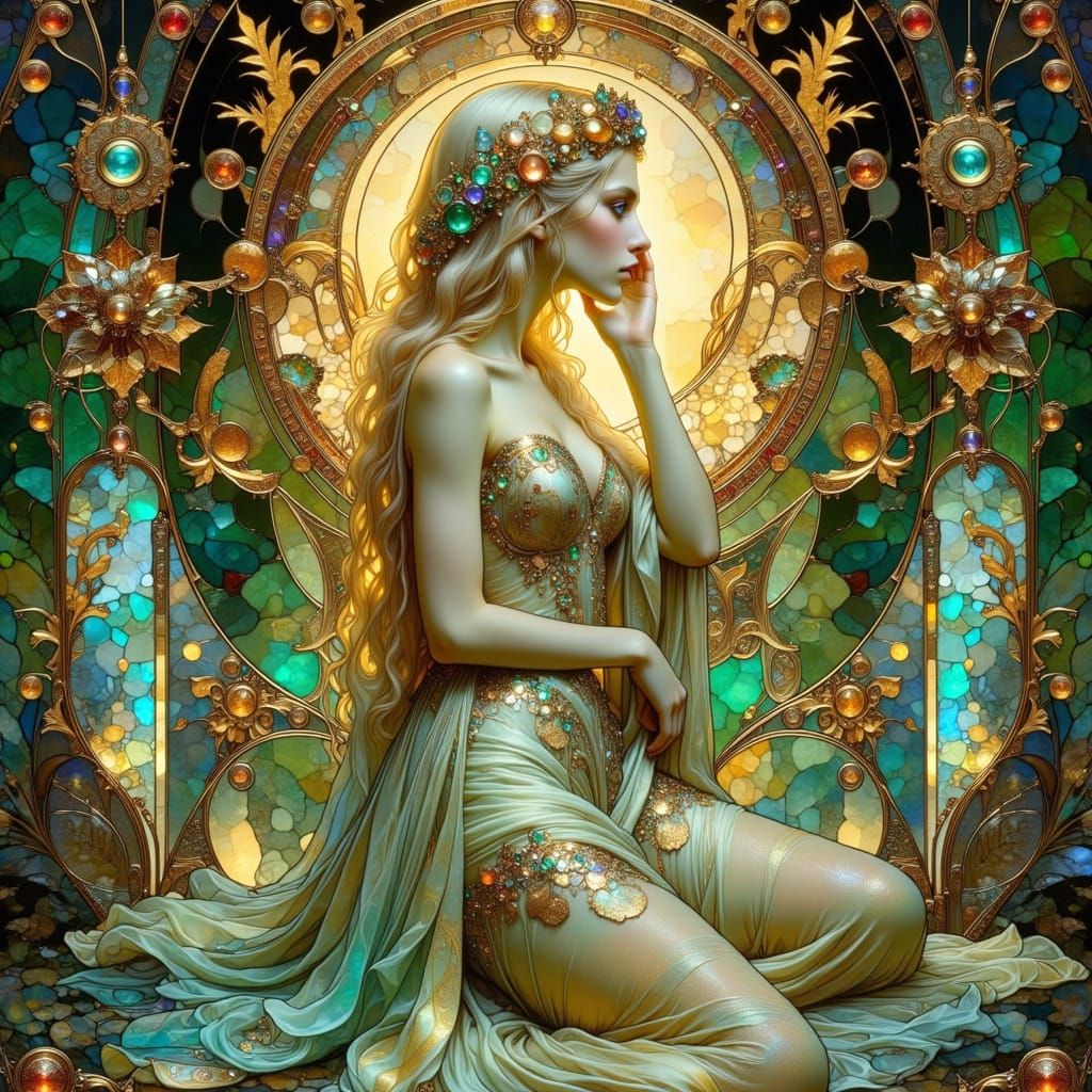 Celestial Girl in Art Nouveau Style with Flowing Hair