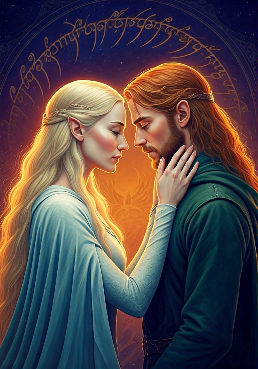 Galadriel and Marion in a Tender Moment Amidst Cosmic Elegan...