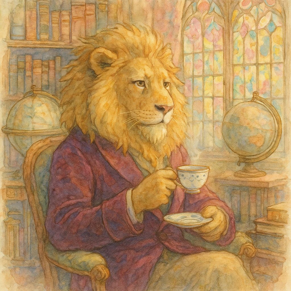 Lion Sipping Tea in Lavish Study, Watercolor Painting