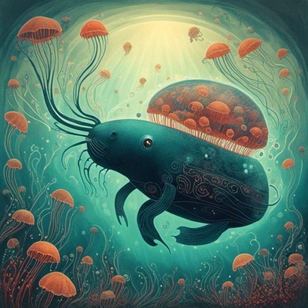 Glowing Glass Whale in Ocean Depths