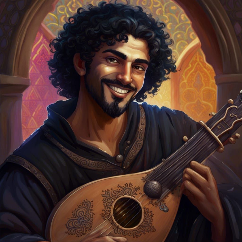 Handsome Arabic Bard with Lute in Splash Art Style