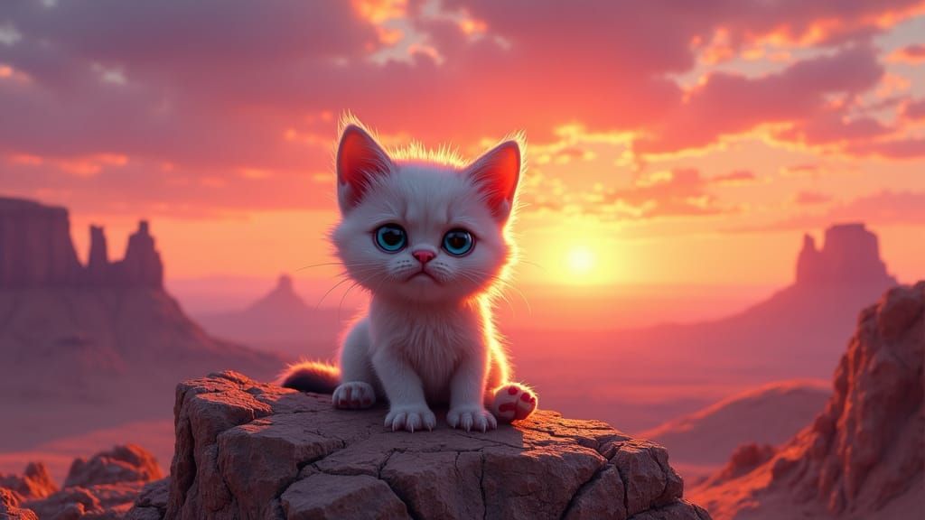 Grumpy Kitten at Desert Sunset in Psychedelic Style