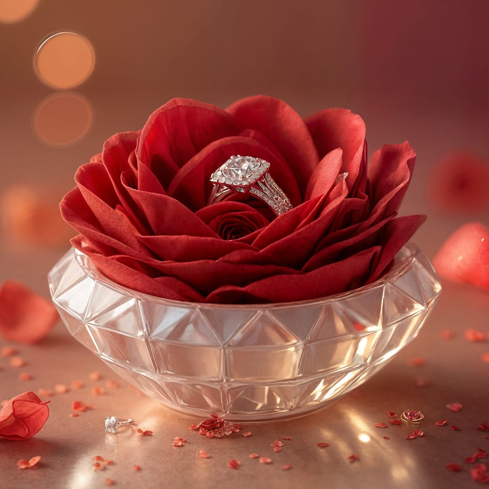 Elegant Diamond Ring Holder with Red Fabric Flower