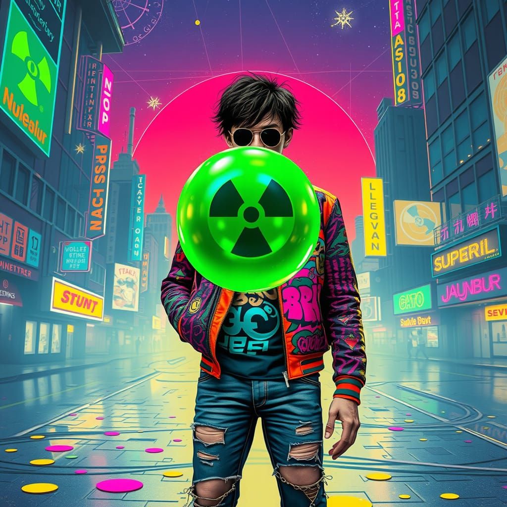 Cyberpunk Hero Blows Nuclear Bubblegum in Futuristic City