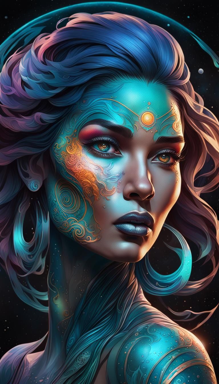 Cosmic Planet Tattoos on Woman's Face Portrait