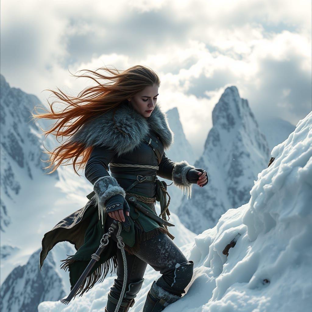 Fantasy Warrior Woman Climbs Icy Mountain
