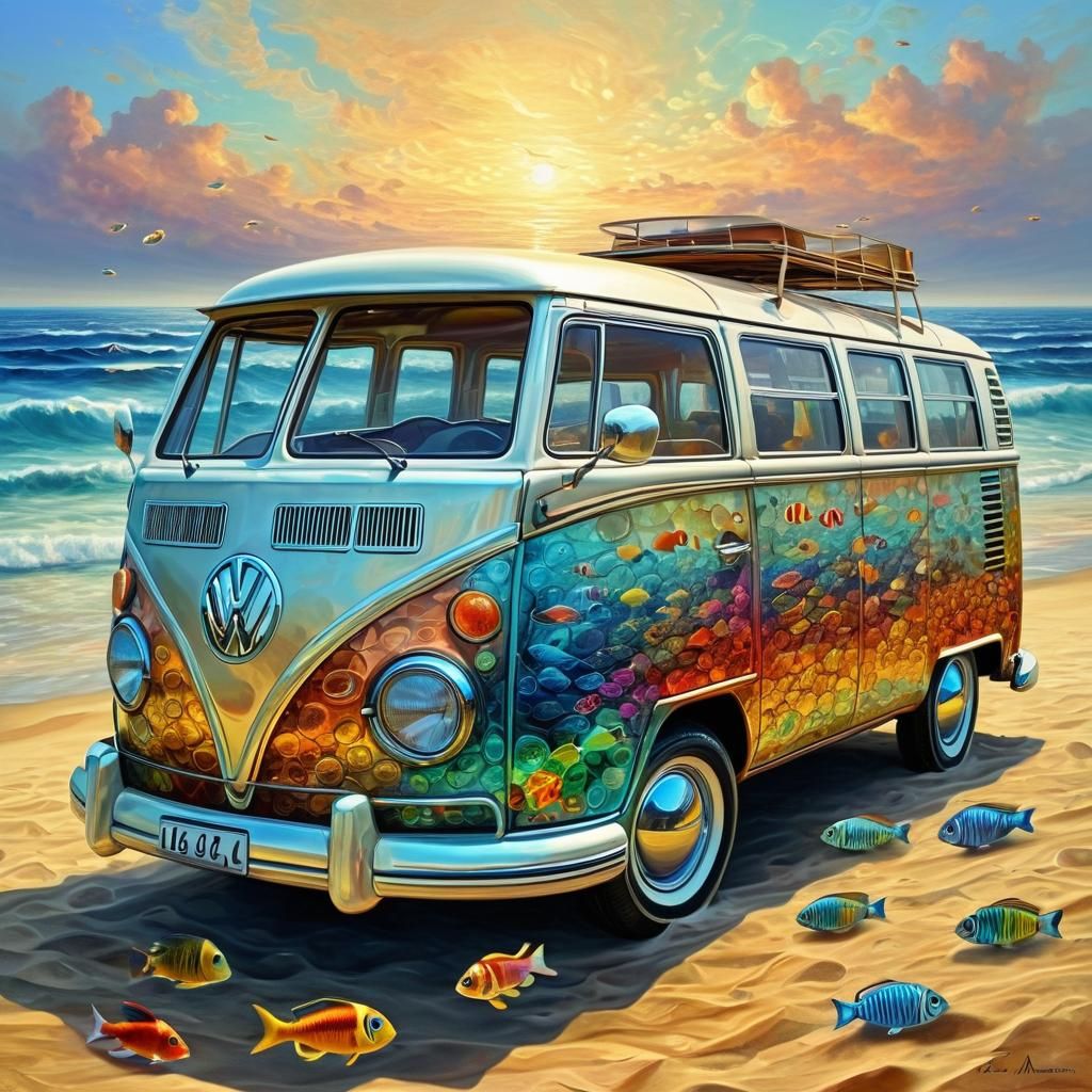 Vintage VW Bus on Beach with Fractal Art Nouveau