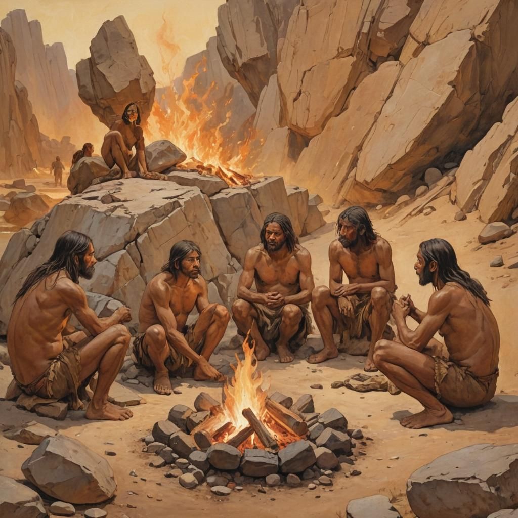 Prehistoric Humans Gathered Around Fire: Earthy Impressionis...