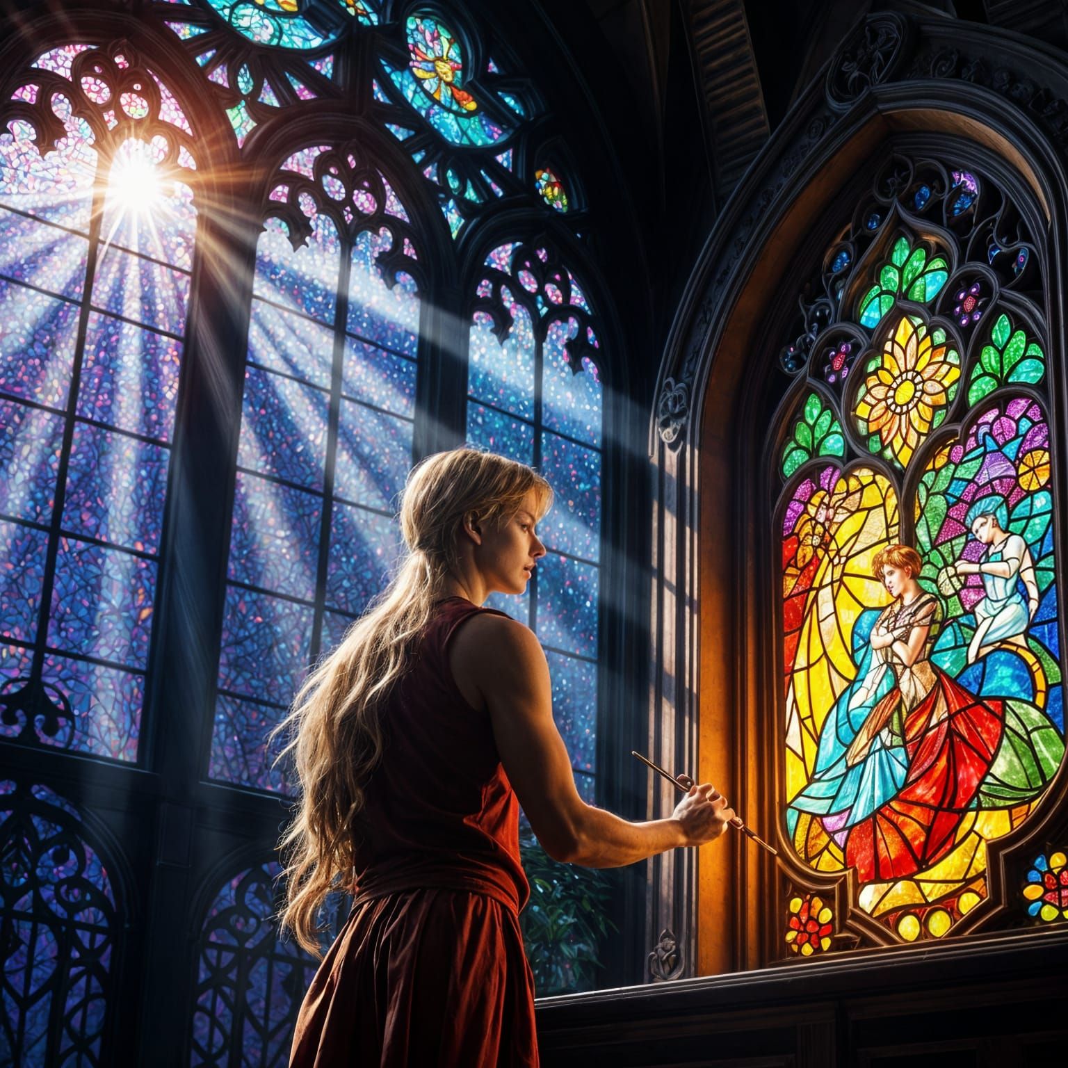 Vibrant Stained Glass Artist in Radiant Light