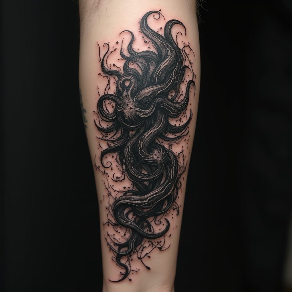 Surreal Medusa-Inspired Tattoo in Dark, Abstract Style
