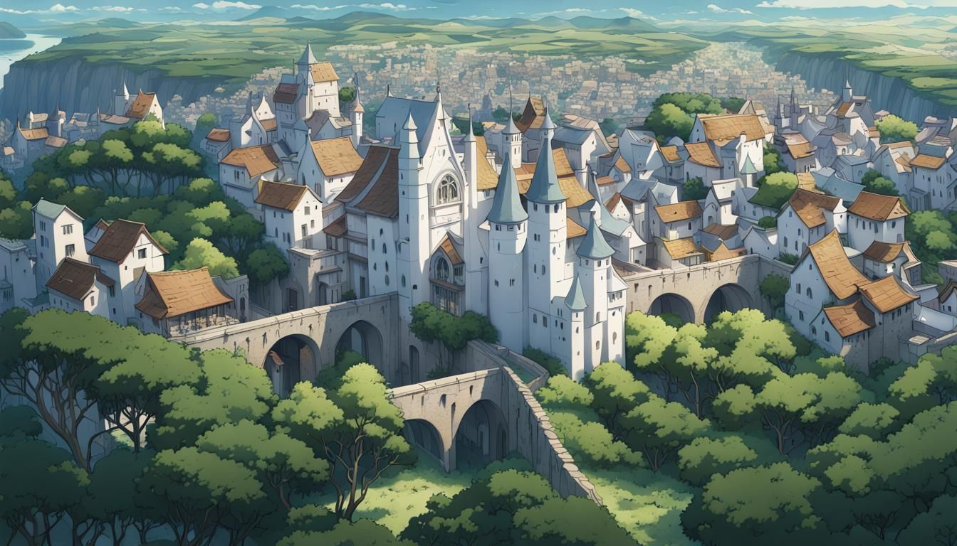 Anime-Style Medieval Town in Eight-Pointed Star Fortress