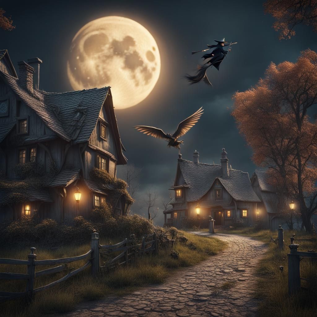 Haunted Village with Witch in Matte Painting Style
