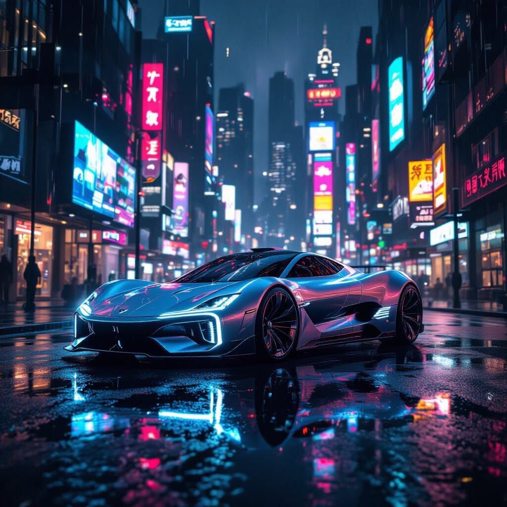 Cyberpunk Electric Hypercar in Rain-Soaked City