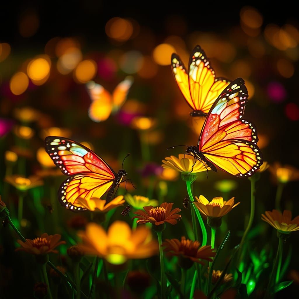 Luminous Mechanical Butterflies Gathering Fluorescent Flower...