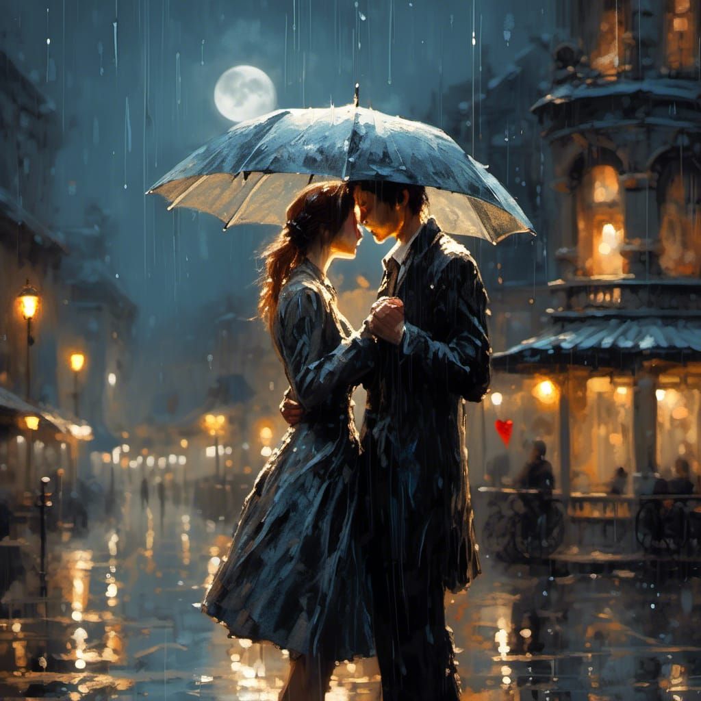 Lovers Kissing in Rain Under Moonlit Sky