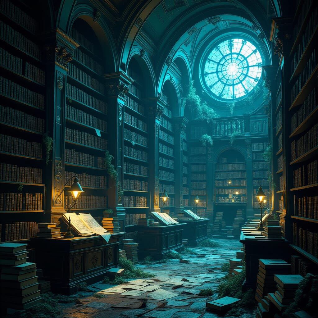 Ethereal Library Glows With Bioluminescent Flora and Ancient...