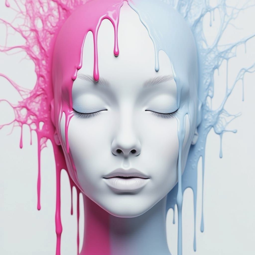 Monochromatic Abstract Face with Pink and Blue Paint Drips