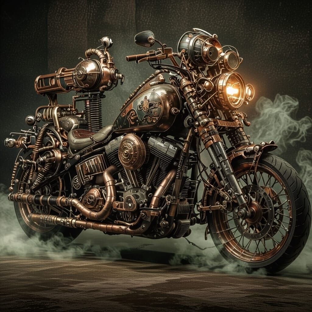Steampunk Iron Horse Motorcycle in Abstract Style
