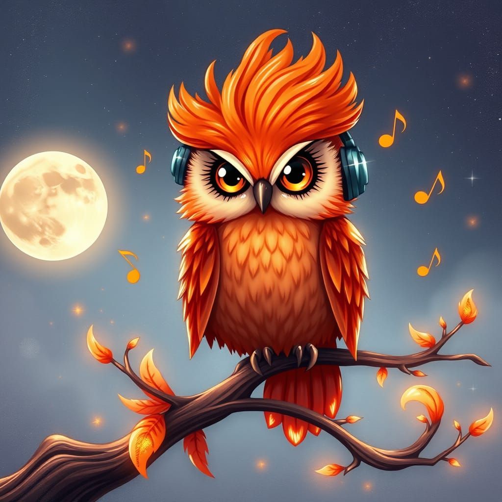 A chubby, endearing chibi red fire owl with oversized headphones...