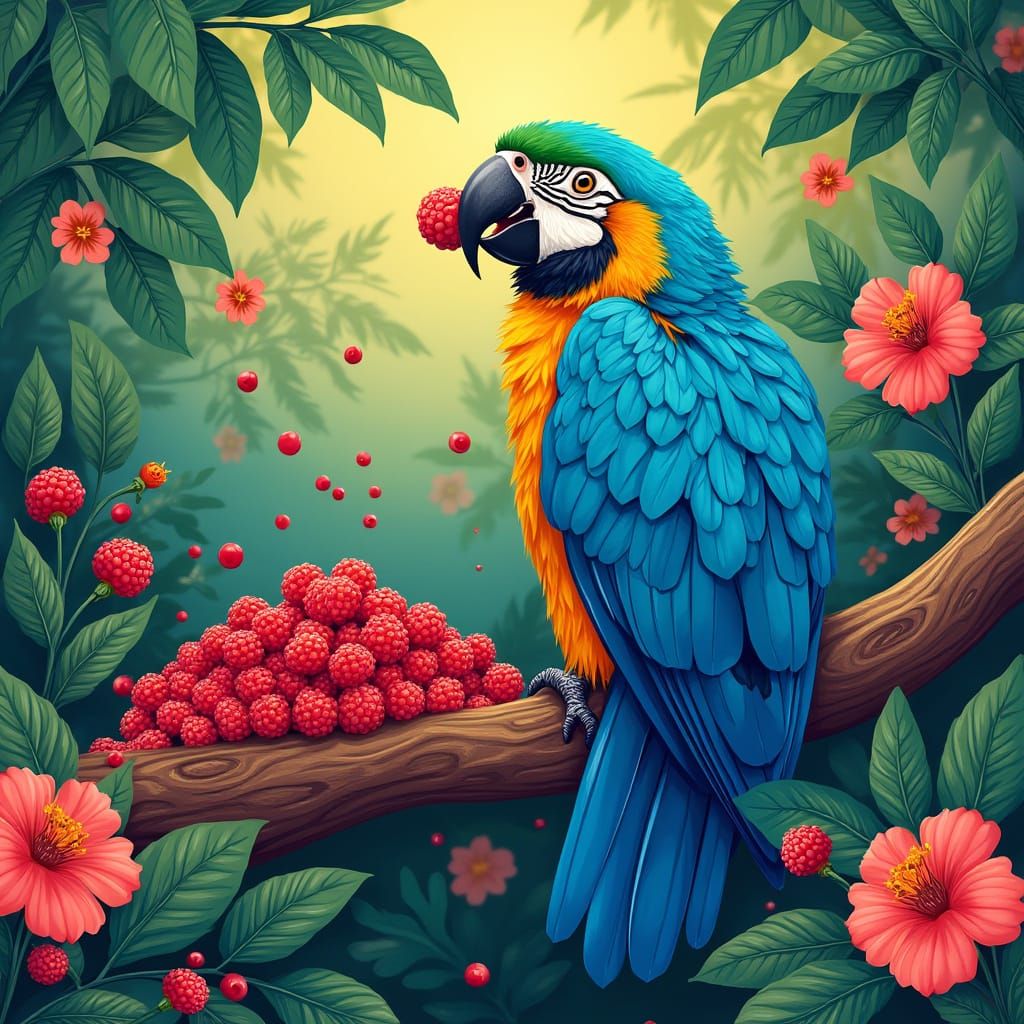 Vibrant Blue McCaw Discovers Tropical Berry Bounty in Whimsi...
