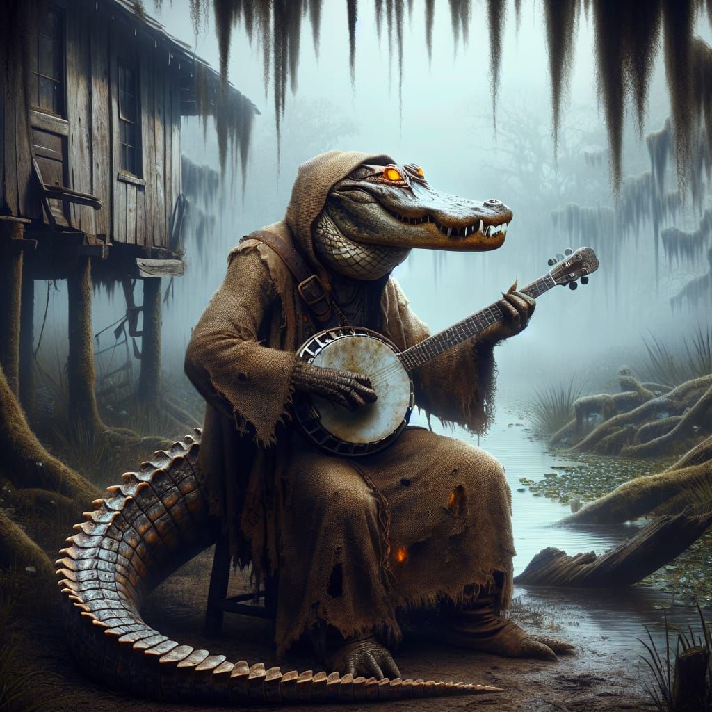 Alligator Musician in Bayou: Ethereal Fantasy Scene