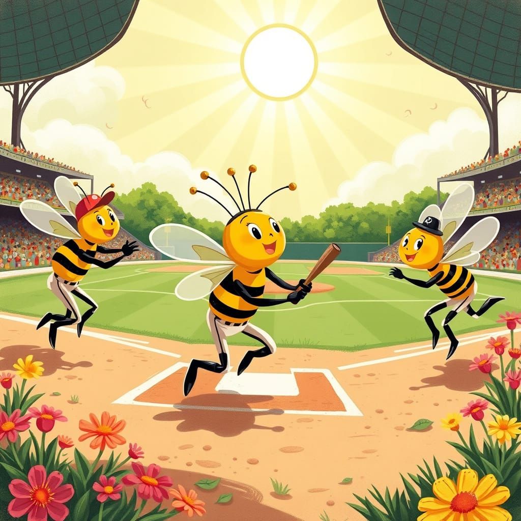 Bees in Vintage Baseball Uniforms Play a Lively Game