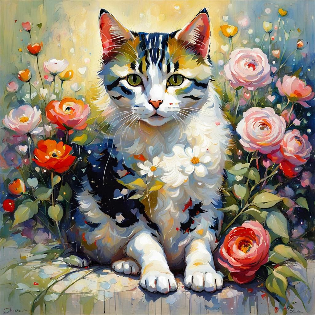 Cute Cat Surrounded by Flowers in Mixed Media Style