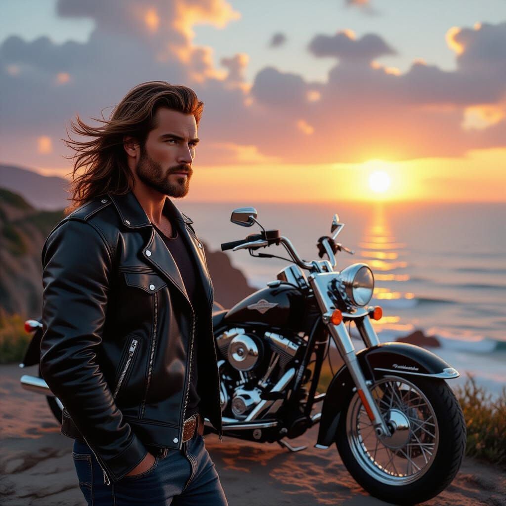 Man on Cliff with Motorcycle at Sunset