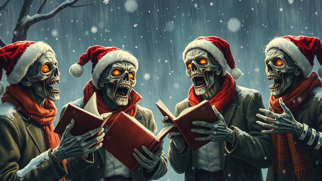 Zombies Sing Christmas Carols in a Snowy Norman Rockwell-Sty...