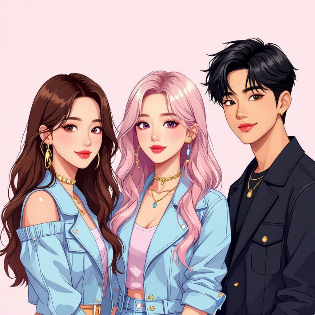 Co-Ed K-Pop Group in Pastel Outfits, Digital Art