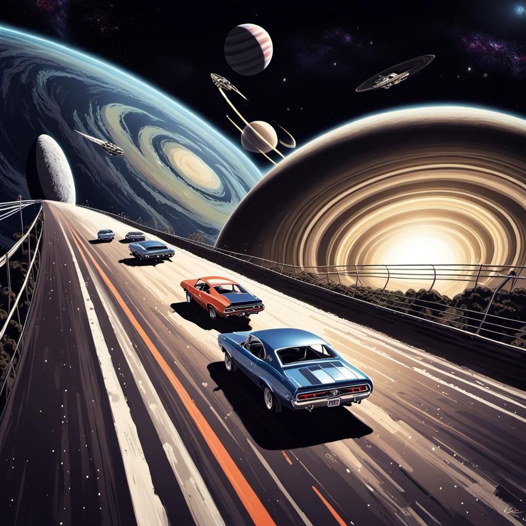 Muscle Cars Race on Saturn in Anime Style
