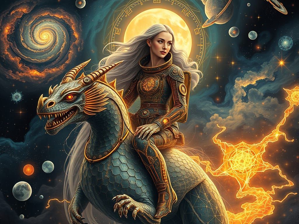 Cosmic Woman Explorer Riding Space Dragon in Starlight Space...