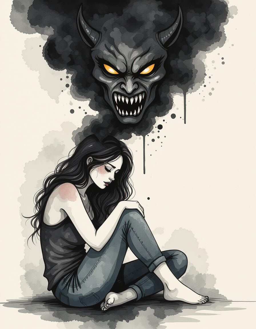 Sad Woman Confronts Inner Demons as Monster Cloud