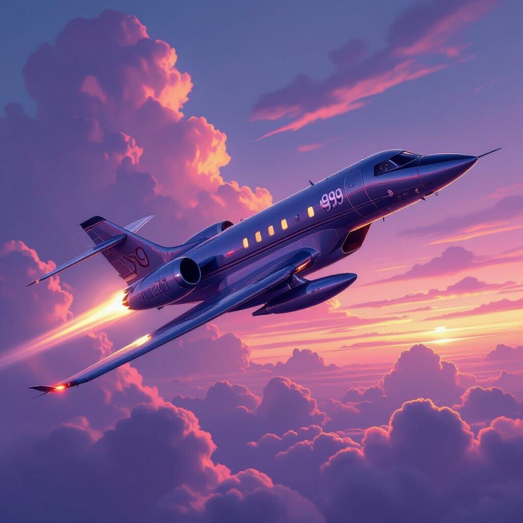 Futuristic Jet Soars Through Purple Dusk Sky
