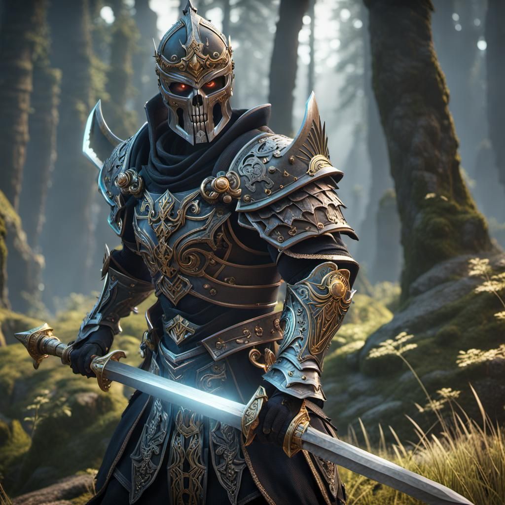 Intricately Armored Skeleton Warrior in Epic Landscape