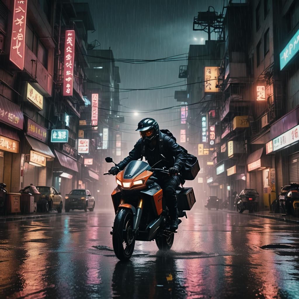 Cyberpunk Courier on Hoverbike in Rainy Cityscape