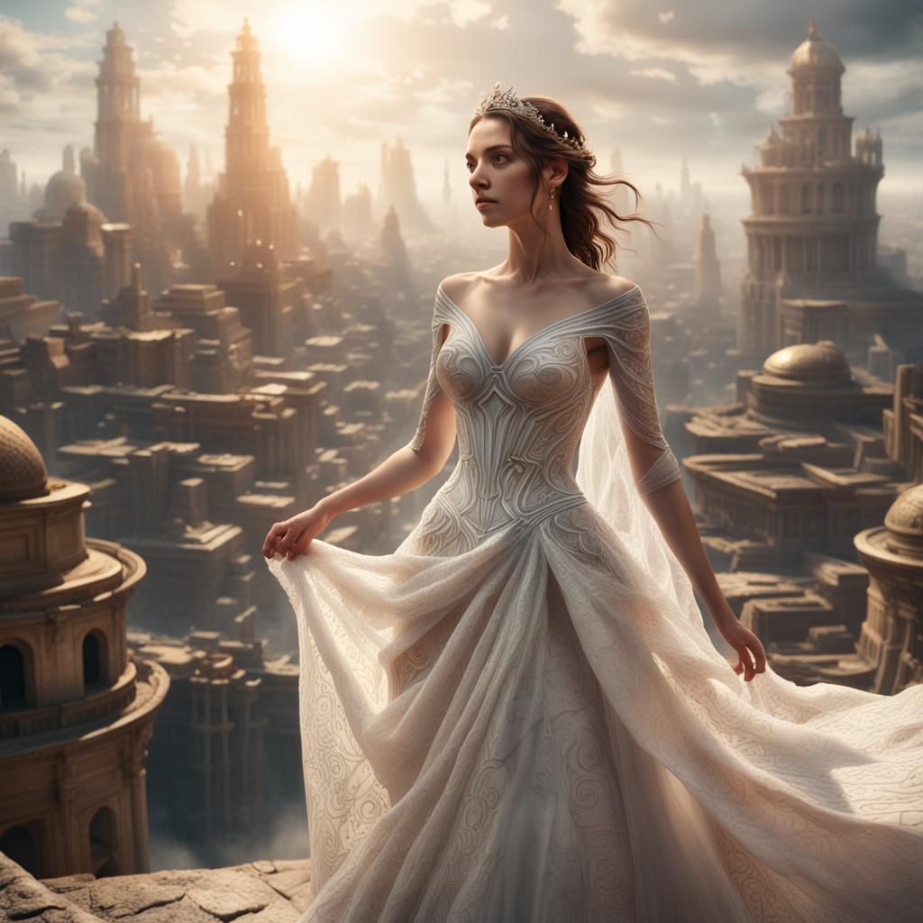 Bride in Piri Reis Map Wedding Dress