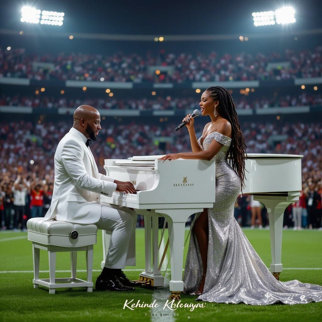 Hyperrealistic Portrait: Pianist in White Suit on Football F...